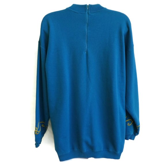 Vintage 80s Blue Sweatshirt 3D Velvet Purple Hearts Embroidered Zipper Back L - Picture 5 of 12